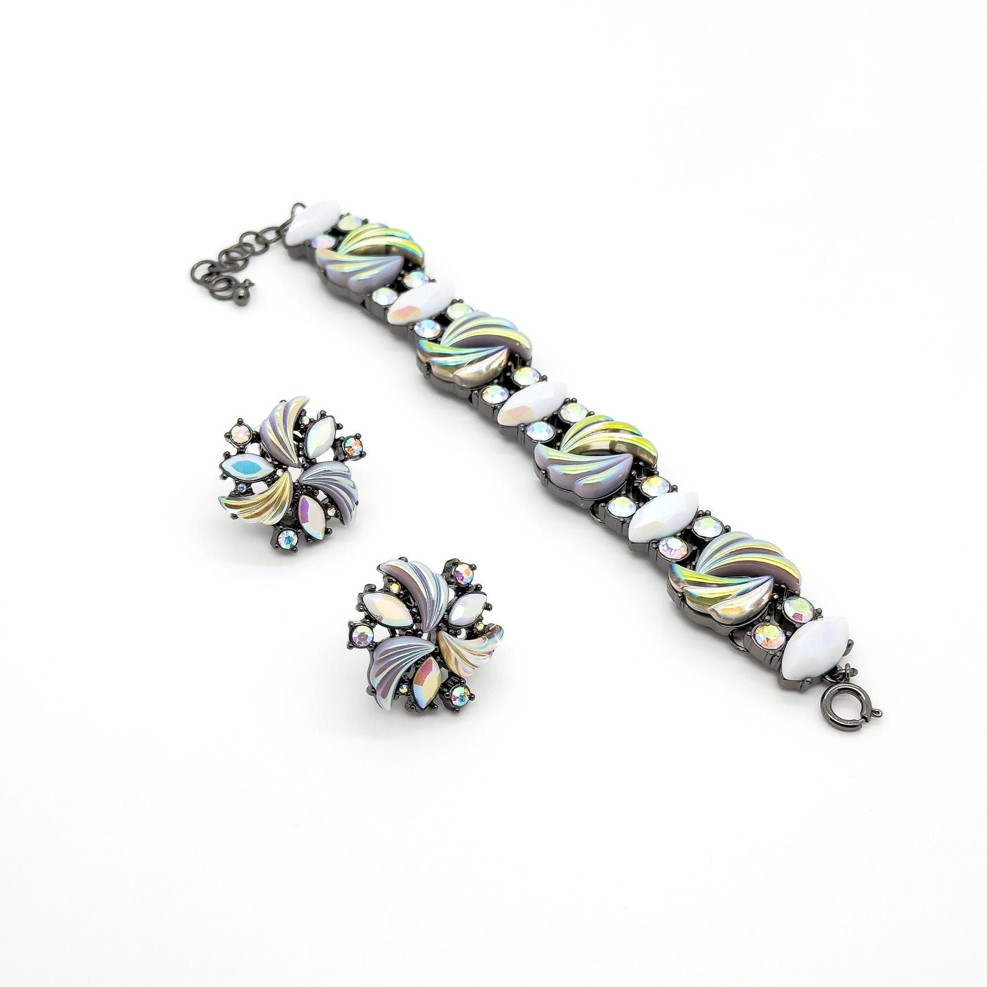 French Vintage Flower Earrings and Bracelet Set Rhinestone Boho Statement