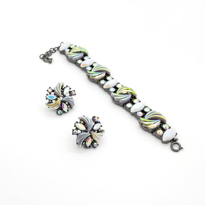 French Vintage Flower Earrings and Bracelet Set Rhinestone Boho Statement