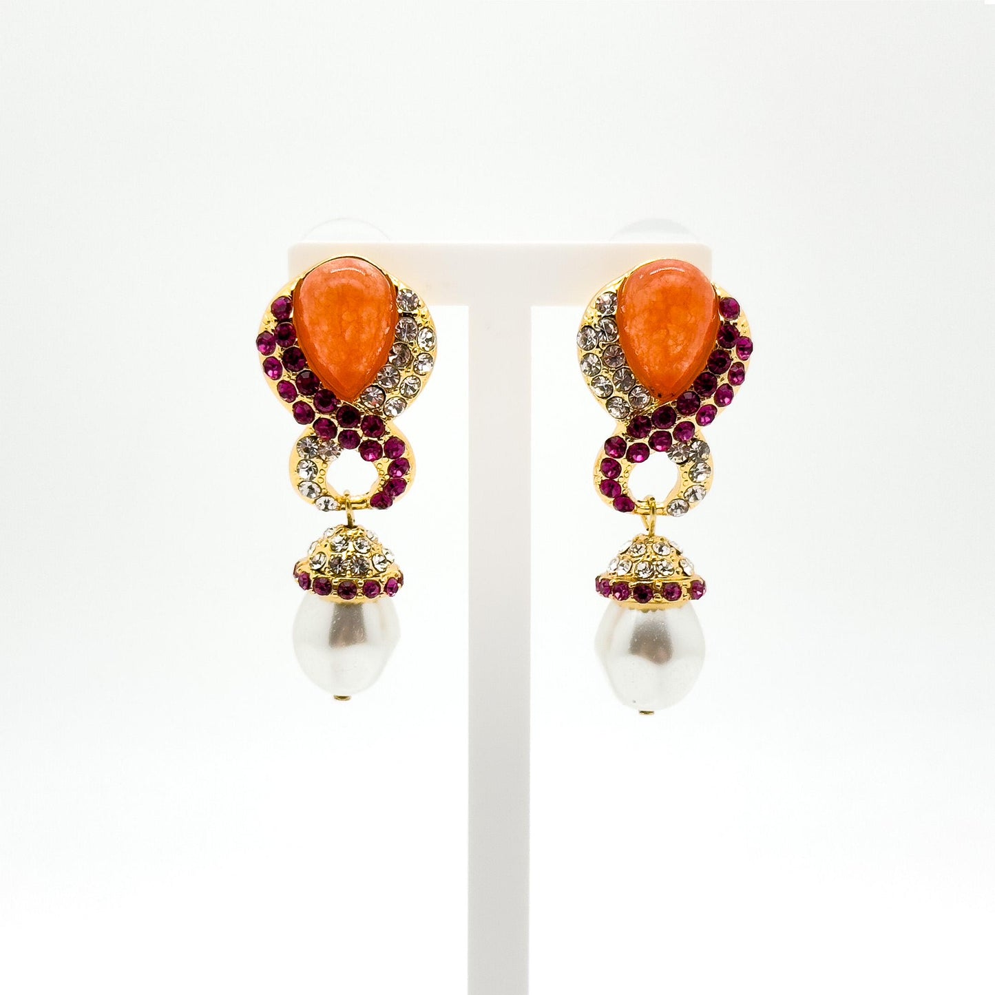 French Light Luxury Gold-Plated Pearl Teardrop Earrings with Coloured Rhinestones