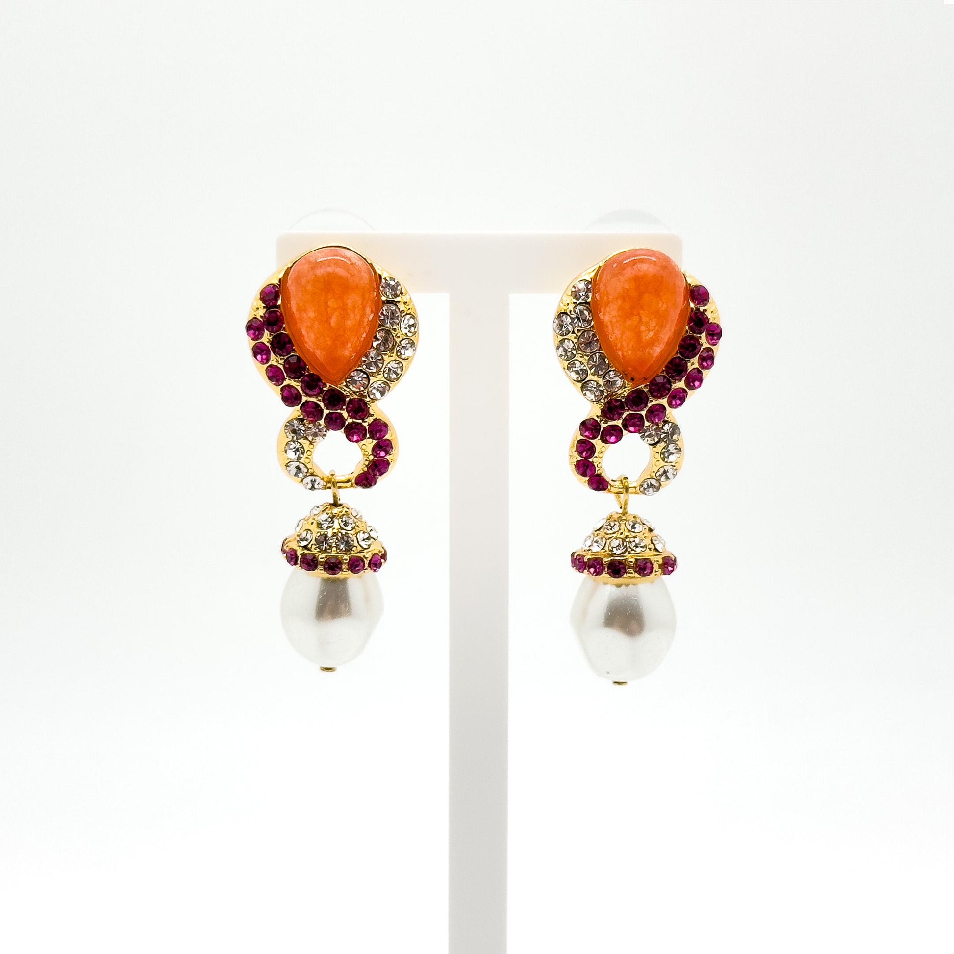 French Light Luxury Gold-Plated Pearl Teardrop Earrings with Coloured Rhinestones
