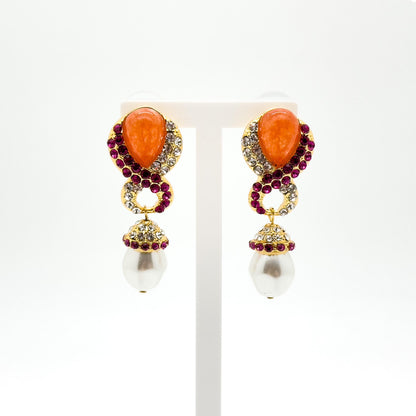 French Light Luxury Gold-Plated Pearl Teardrop Earrings with Coloured Rhinestones