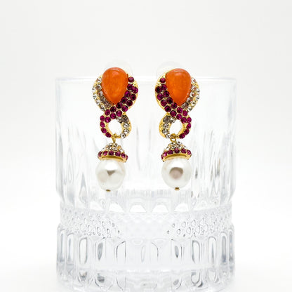 French Light Luxury Gold-Plated Pearl Teardrop Earrings with Coloured Rhinestones