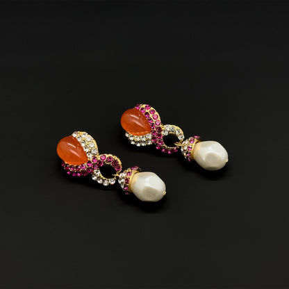 French Light Luxury Gold-Plated Pearl Teardrop Earrings with Coloured Rhinestones