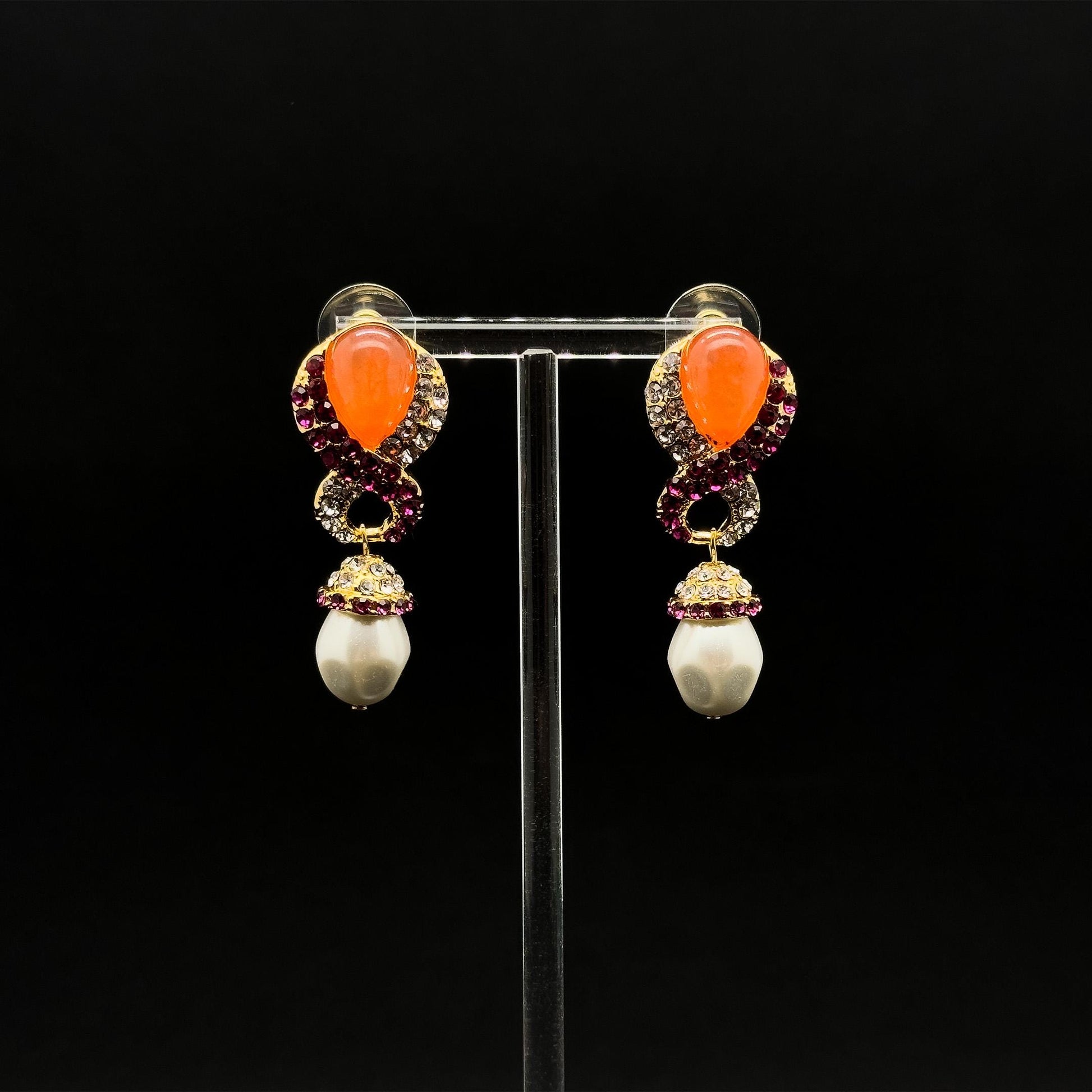 French Light Luxury Gold-Plated Pearl Teardrop Earrings with Coloured Rhinestones