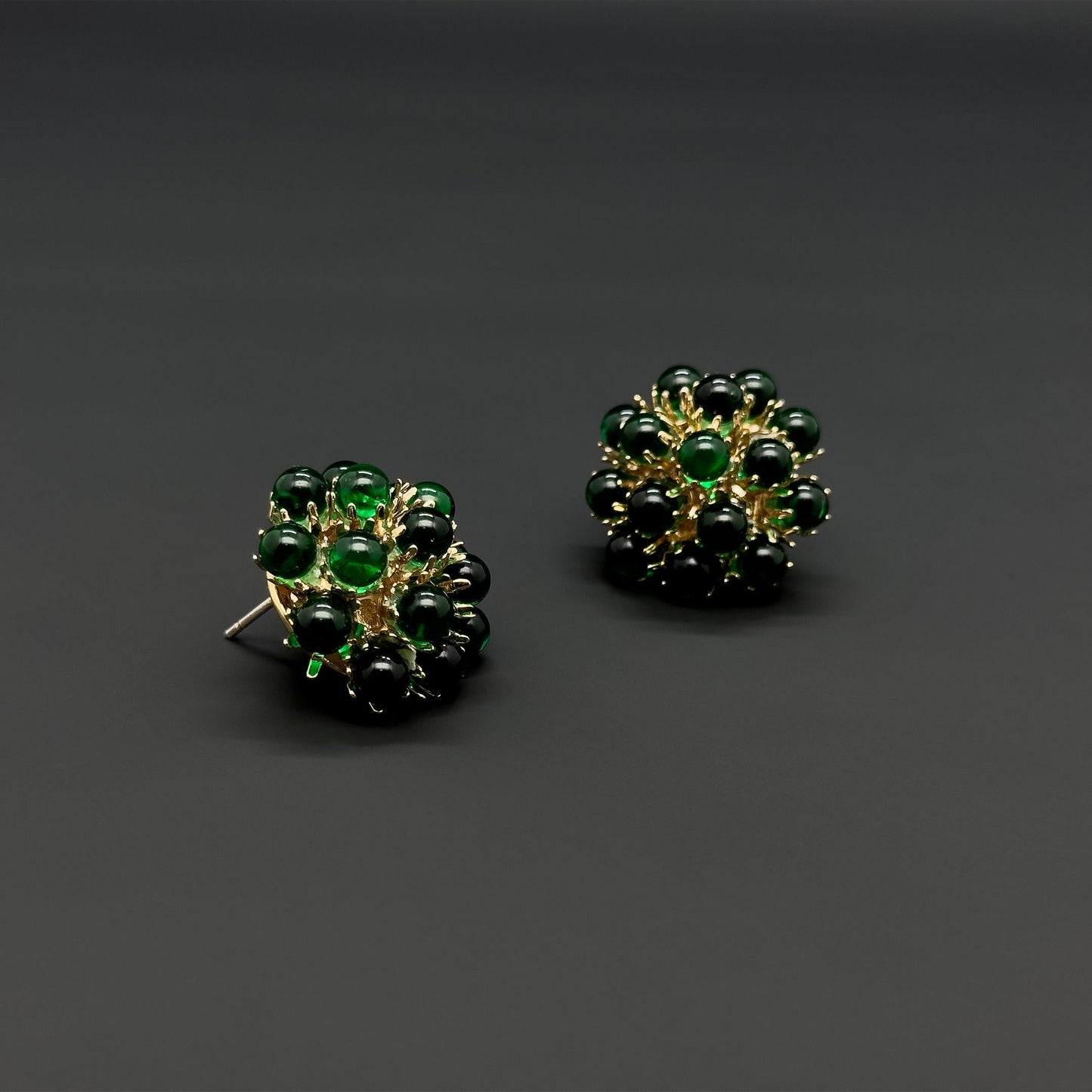 French Vintage Green Hydrangea Stud Earrings, Glass Flower, Gold-Plated