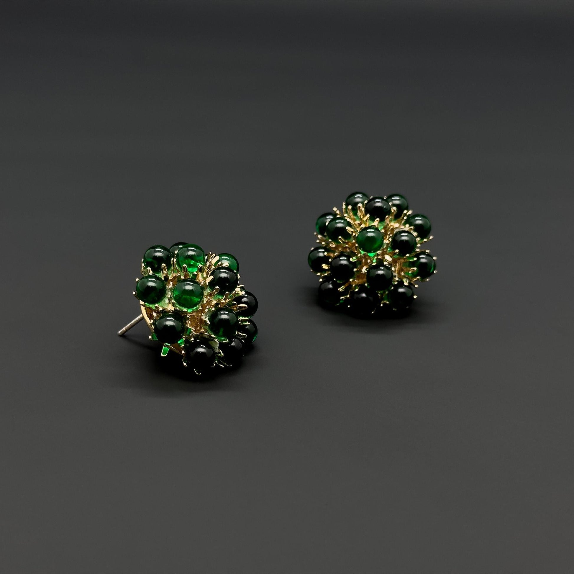 French Vintage Green Hydrangea Stud Earrings, Glass Flower, Gold-Plated