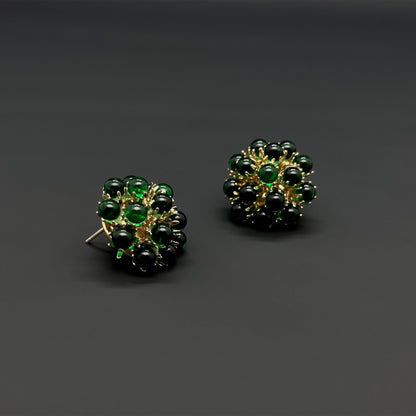 French Vintage Green Hydrangea Stud Earrings, Glass Flower, Gold-Plated