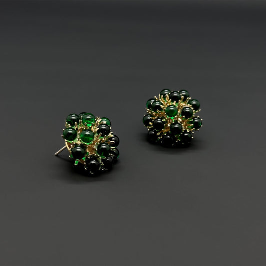 French Vintage Green Hydrangea Stud Earrings, Glass Flower, Gold-Plated