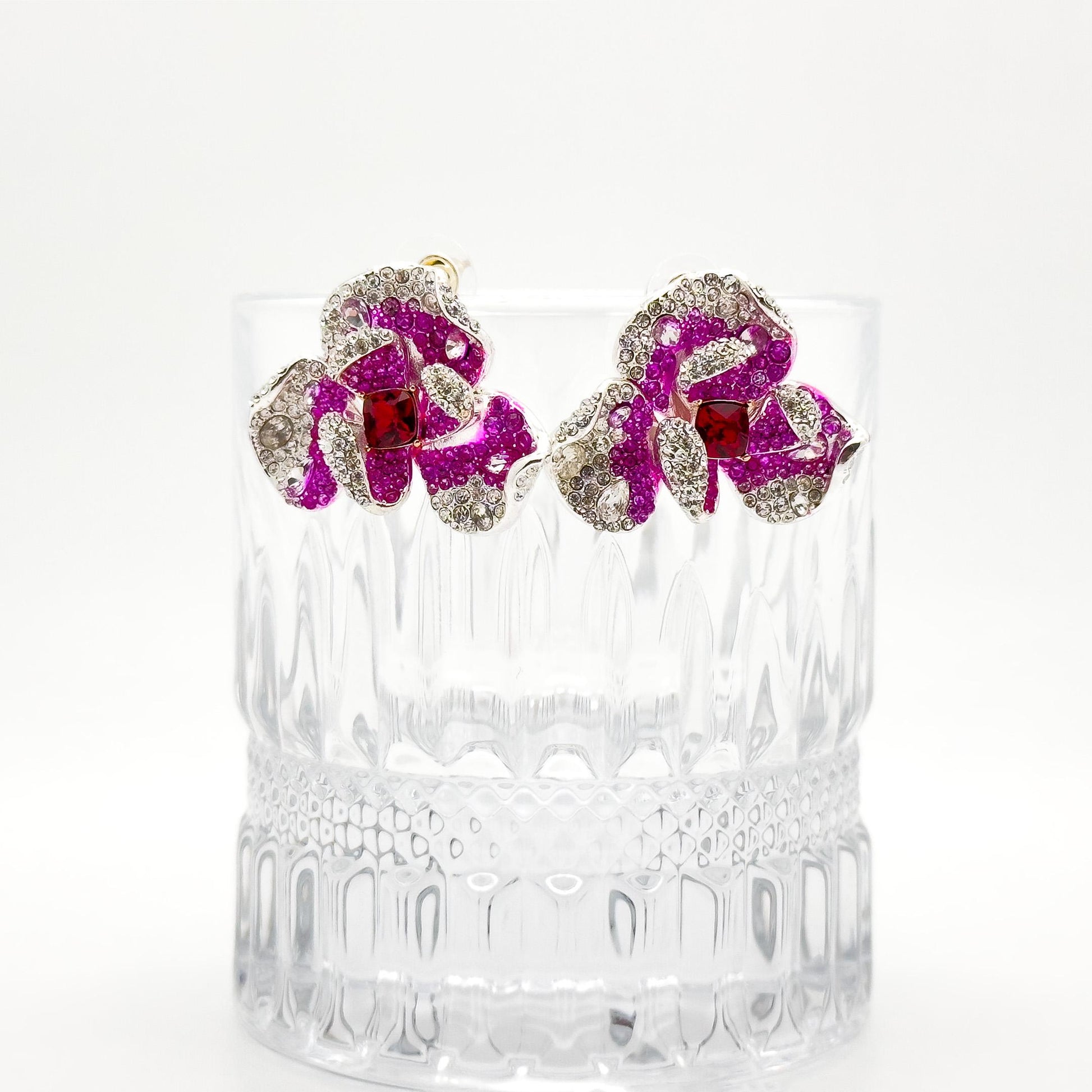 Pink Flower Crystal Stud Earrings – Rose Zircon Titanium 30mm