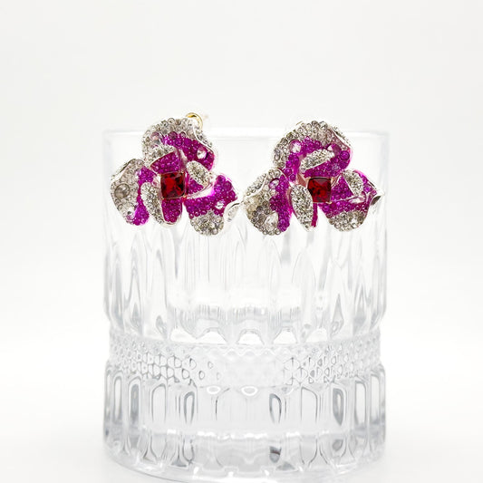 Pink Flower Crystal Stud Earrings – Rose Zircon Titanium 30mm