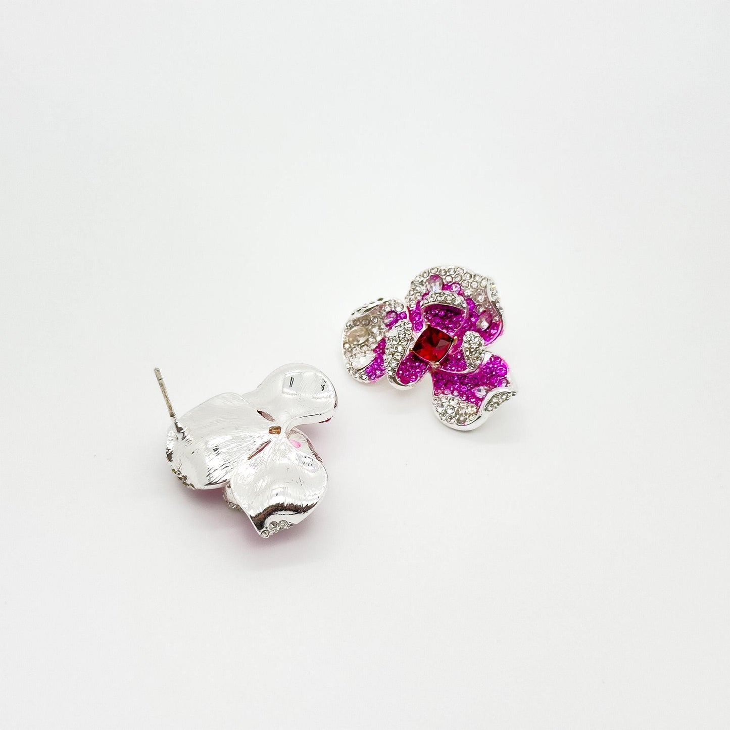 Pink Flower Crystal Stud Earrings – Rose Zircon Titanium 30mm
