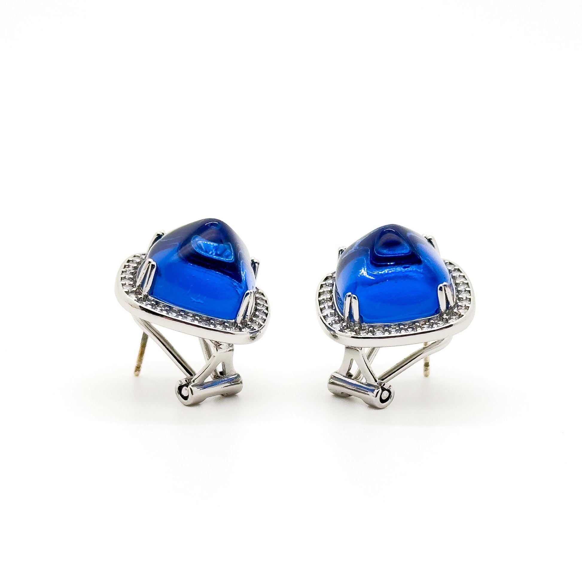 French Light Luxury Blue Glass Square Stud Earrings, 925 Silver