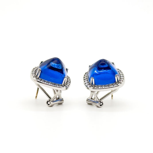French Light Luxury Blue Glass Square Stud Earrings, 925 Silver