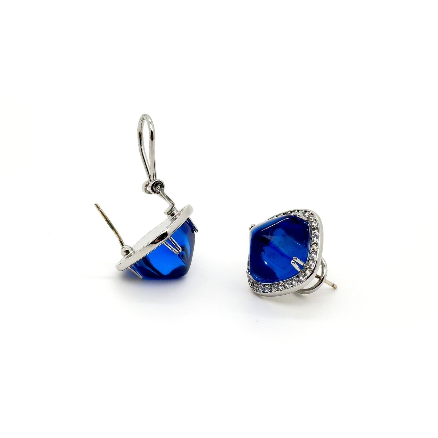 French Light Luxury Blue Glass Square Stud Earrings, 925 Silver
