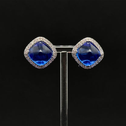 French Light Luxury Blue Glass Square Stud Earrings, 925 Silver