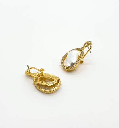 French Retro Pearl Crystal Stud Earrings Gold-Plated Art Deco Elegance