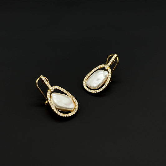 French Retro Pearl Crystal Stud Earrings Gold-Plated Art Deco Elegance