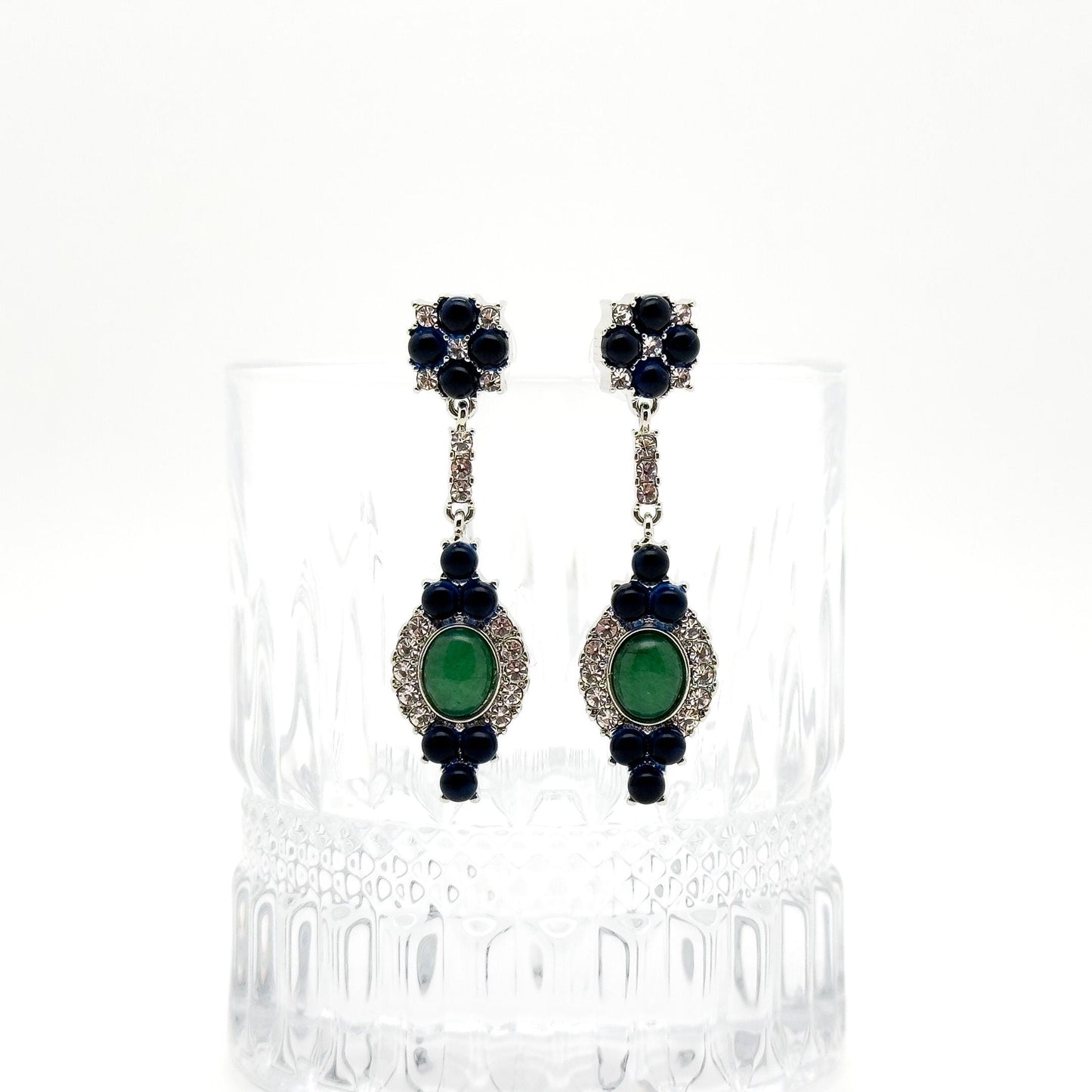 Retro Ethnic Natural Stone Drop Earrings with Rhinestones, 925 Hooks