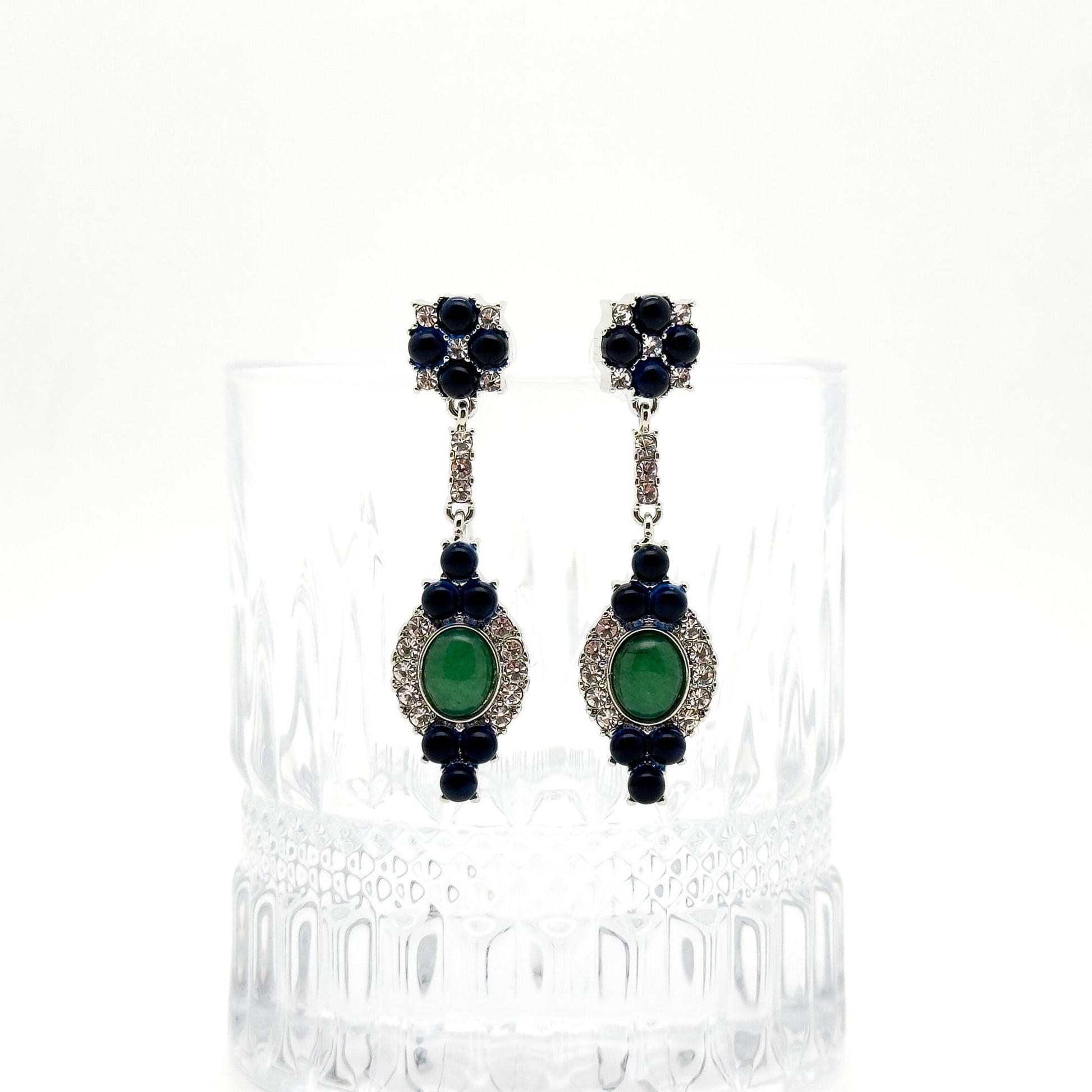Retro Ethnic Natural Stone Drop Earrings with Rhinestones, 925 Hooks