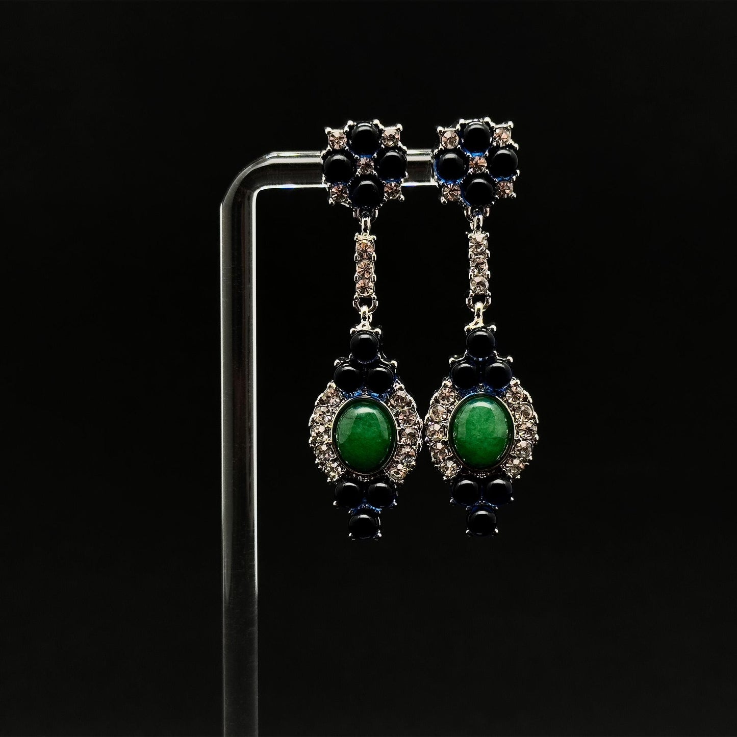 Retro Ethnic Natural Stone Drop Earrings with Rhinestones, 925 Hooks