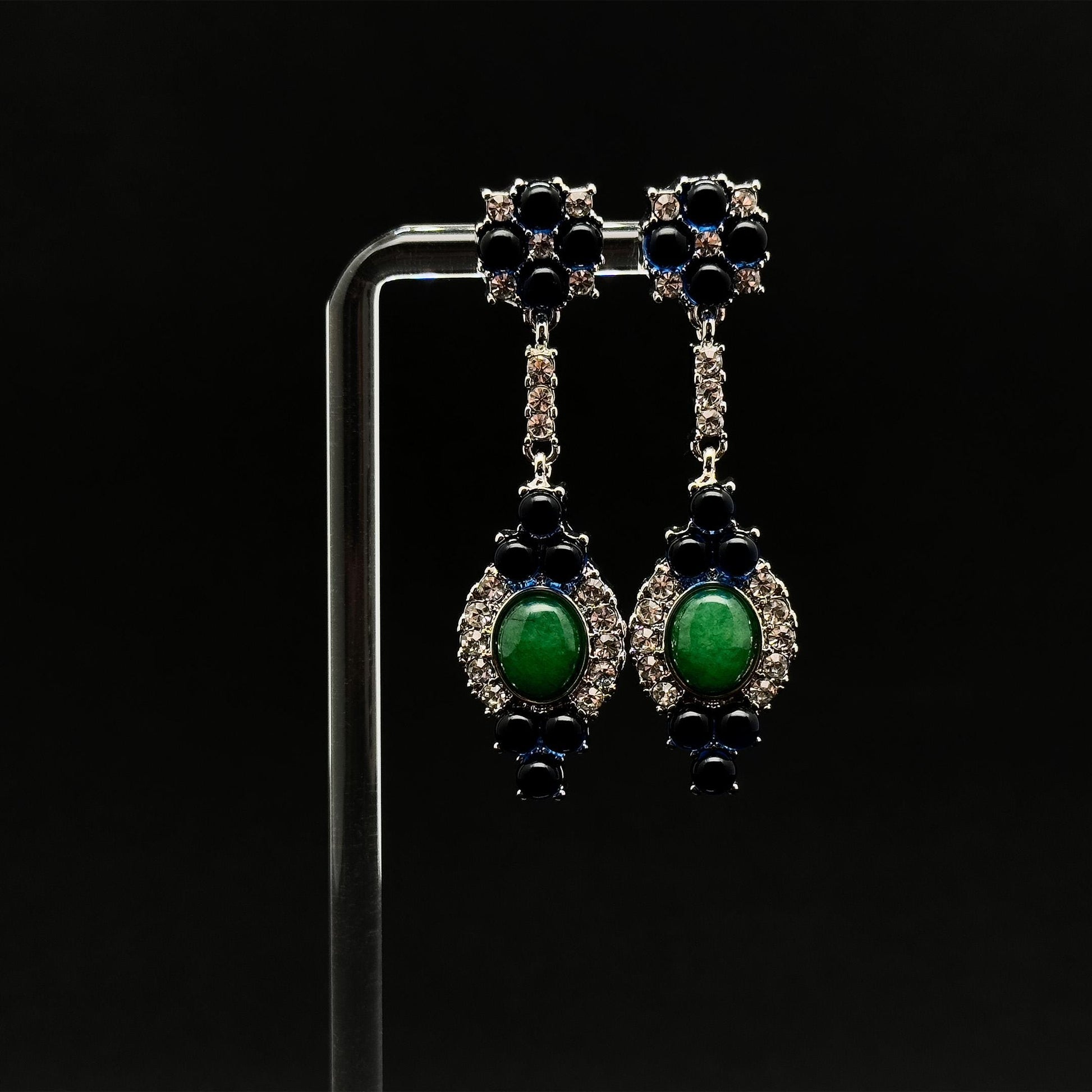 Retro Ethnic Natural Stone Drop Earrings with Rhinestones, 925 Hooks