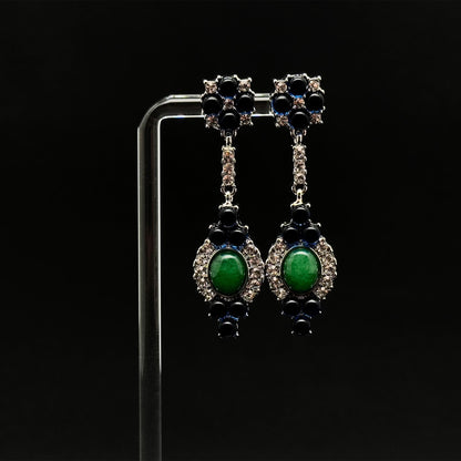 Retro Ethnic Natural Stone Drop Earrings with Rhinestones, 925 Hooks