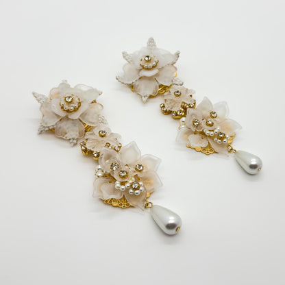 Art Deco Bridal Drop Earrings with White Flower Rhinestones Clip