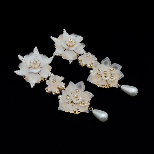 Art Deco Bridal Drop Earrings with White Flower Rhinestones Clip