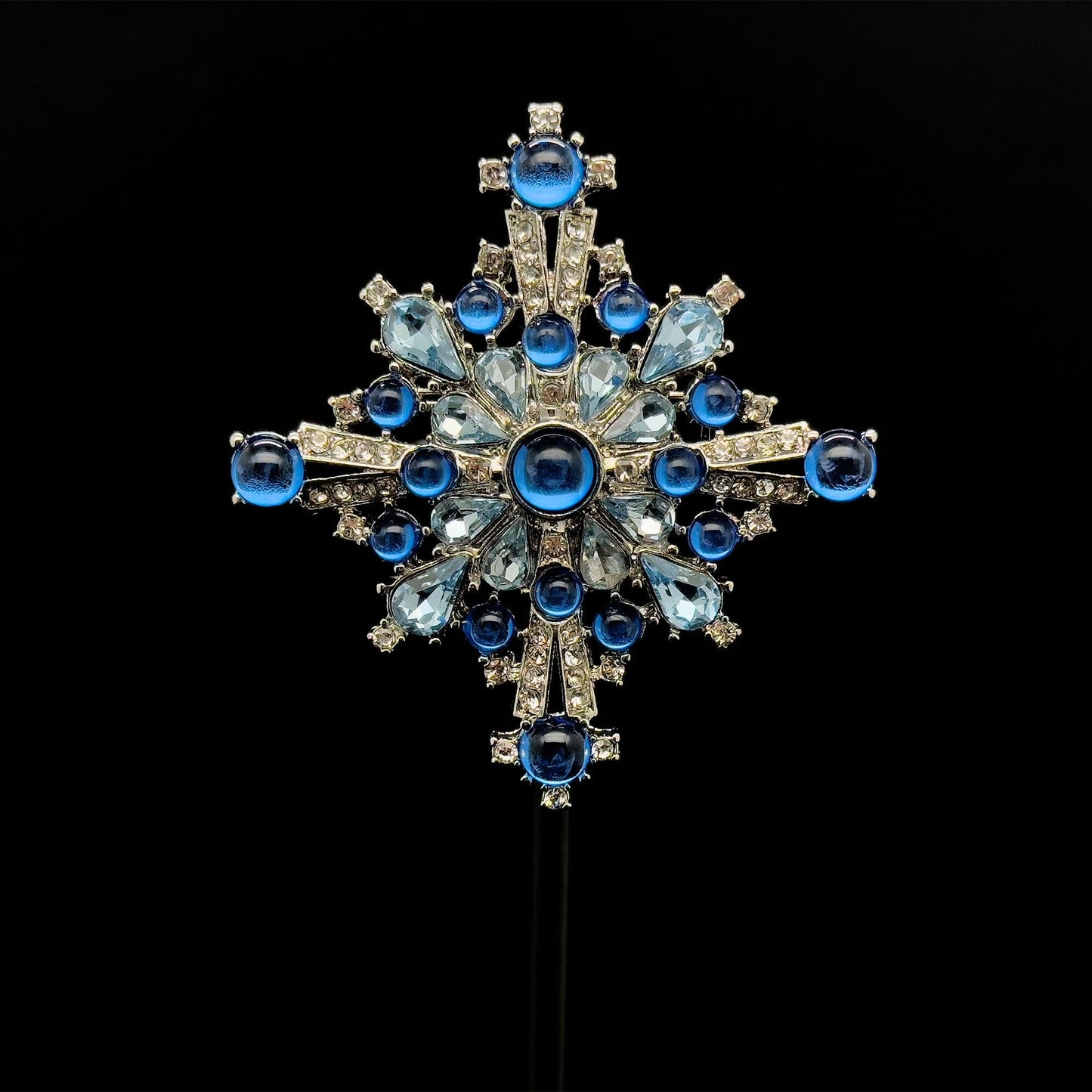Vintage Art Deco Blue Crystal Cross Brooch, Copper Backing