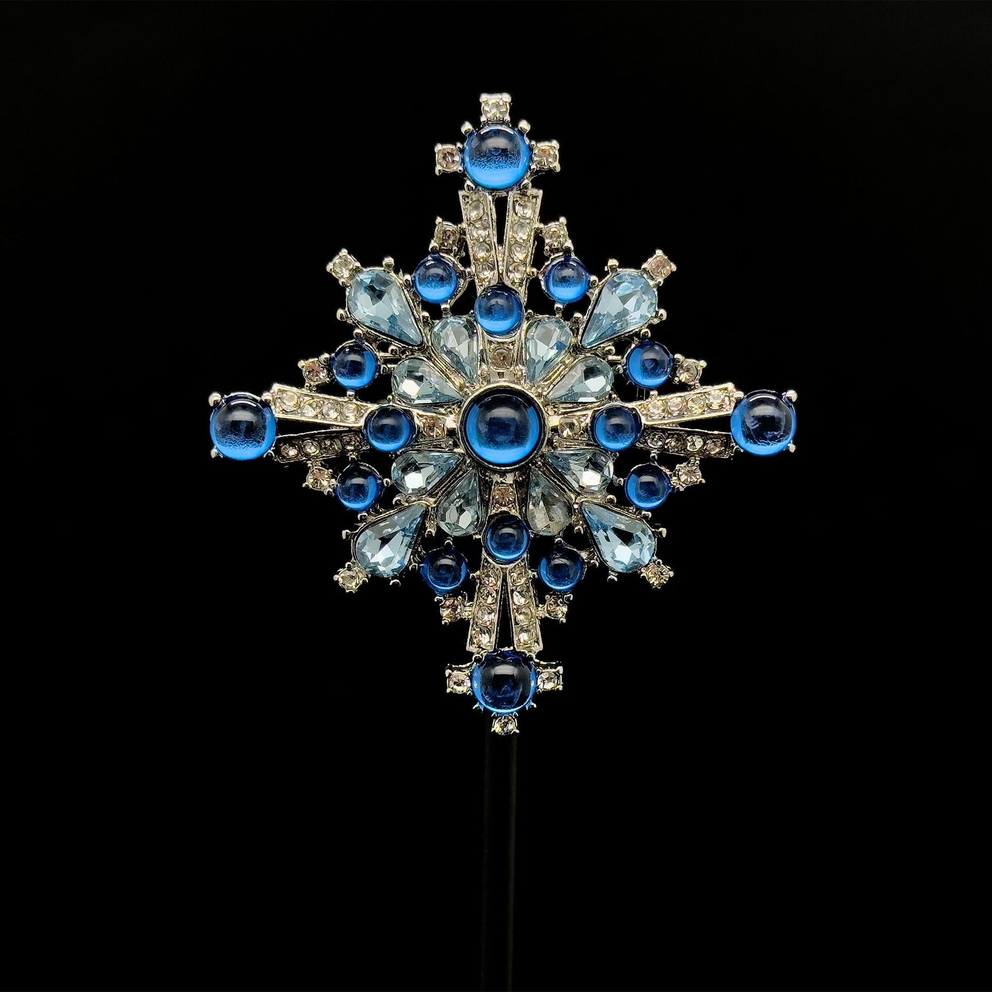 Vintage Art Deco Blue Crystal Cross Brooch, Copper Backing