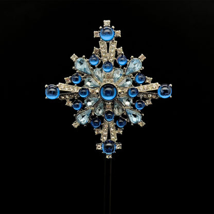 Vintage Art Deco Blue Crystal Cross Brooch, Copper Backing