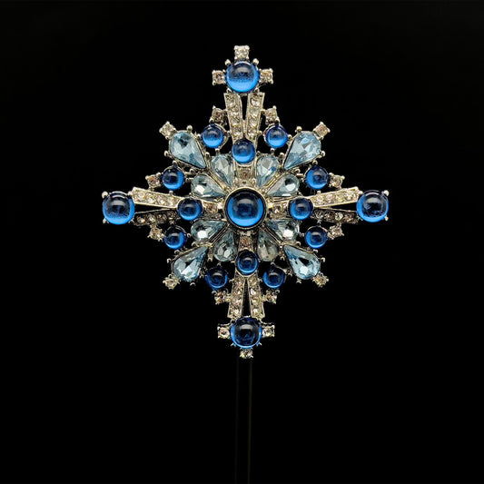 Vintage Art Deco Blue Crystal Cross Brooch, Copper Backing