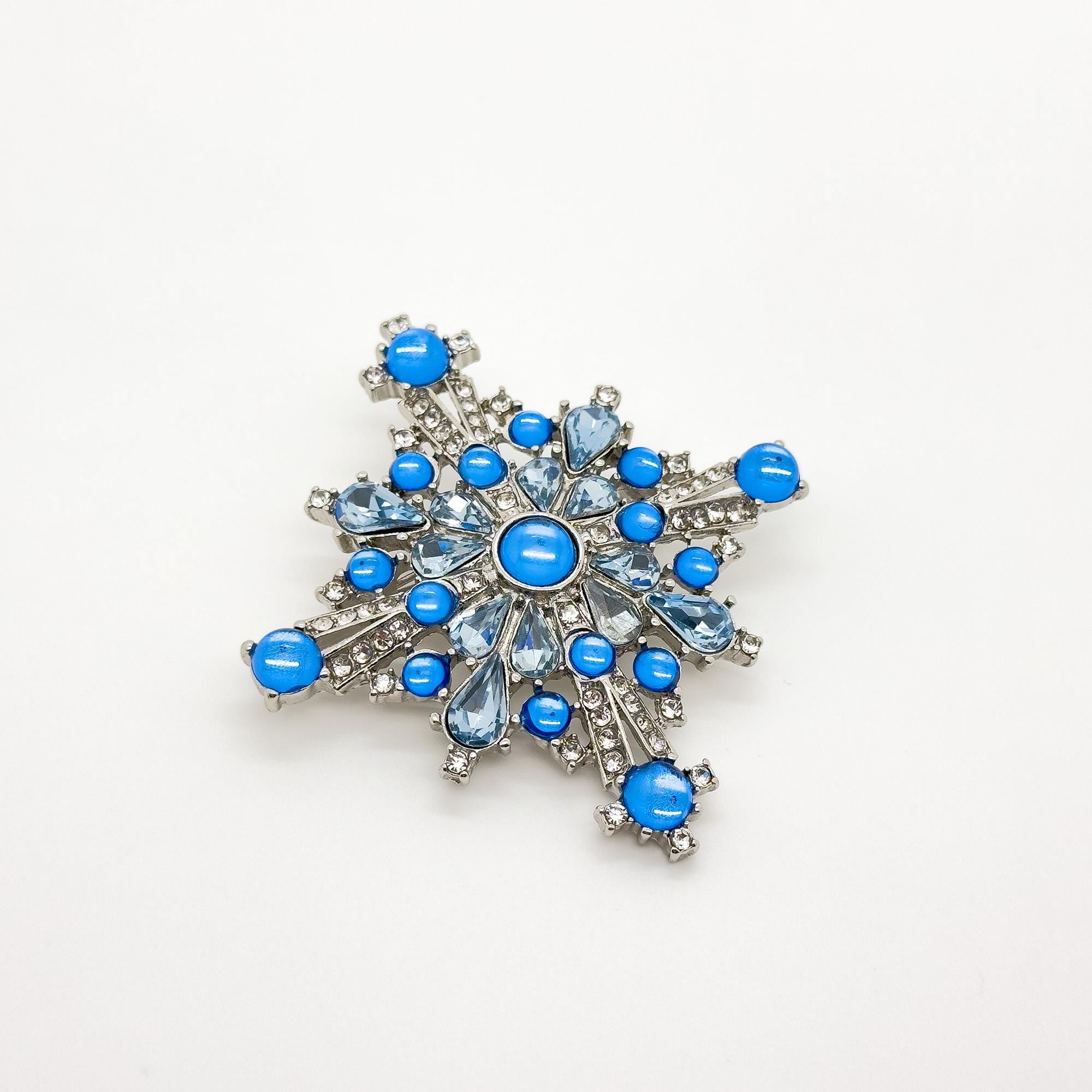 Vintage Art Deco Blue Crystal Cross Brooch, Copper Backing