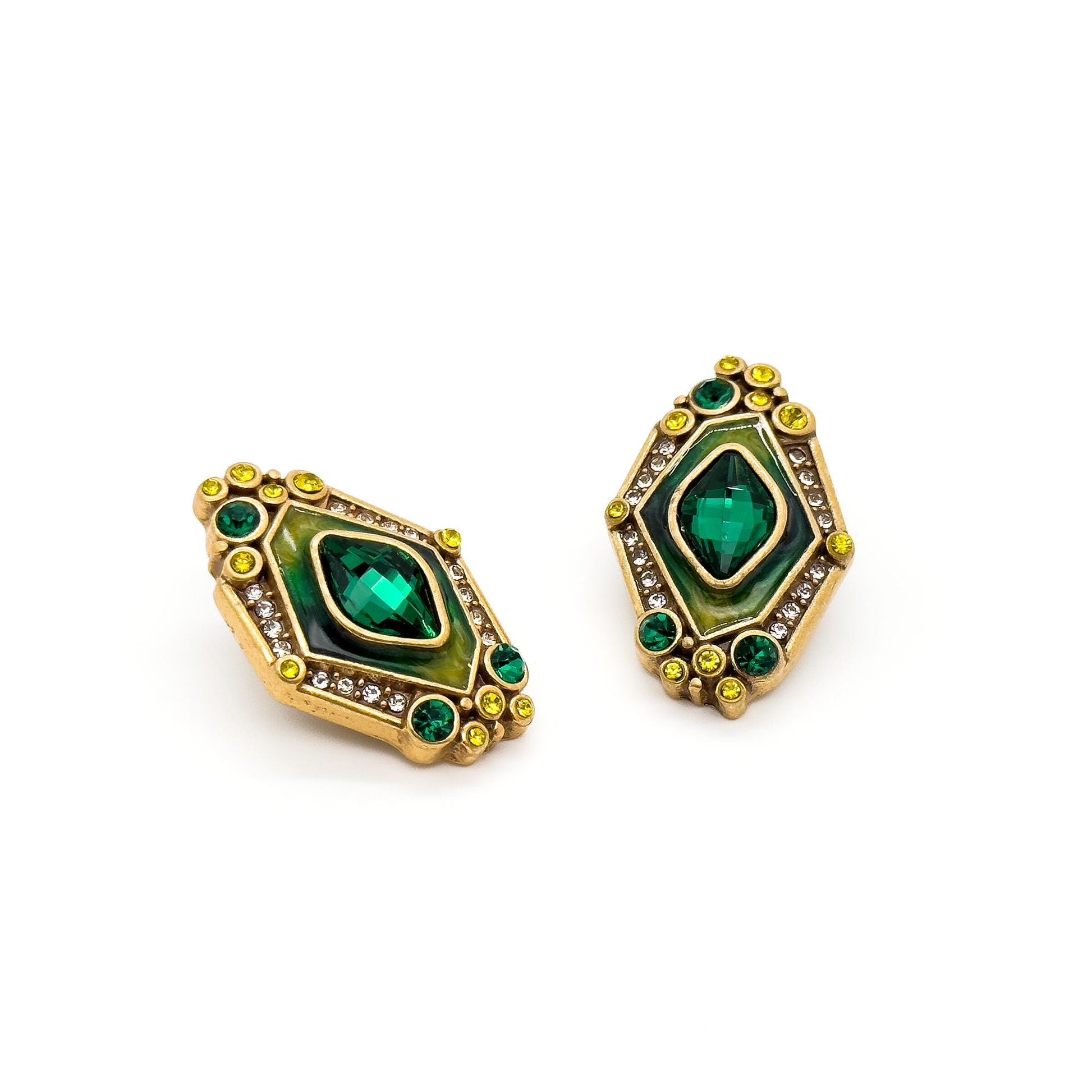 Vintage Art Deco Green Zircon Cameo Court-Style Stud Earrings