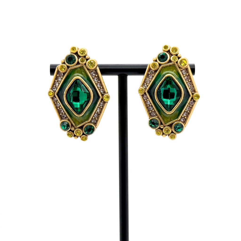 Vintage Art Deco Green Zircon Cameo Court-Style Stud Earrings