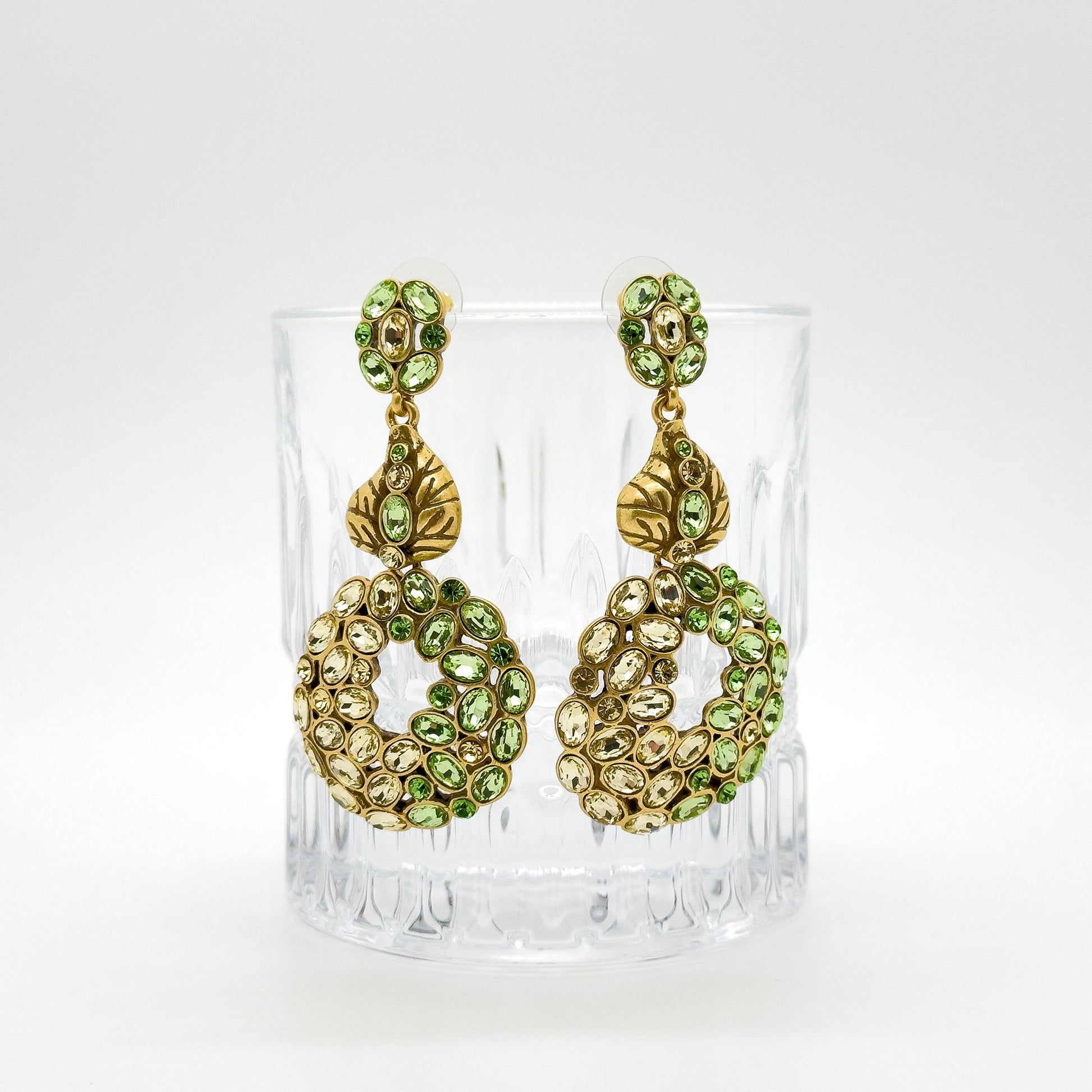 French Vintage Green Leaf Drop Earrings with Rhinestones Silver Hooks