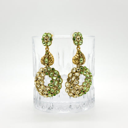 French Vintage Green Leaf Drop Earrings with Rhinestones Silver Hooks