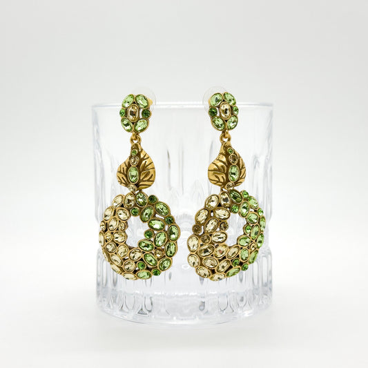 French Vintage Green Leaf Drop Earrings with Rhinestones Silver Hooks