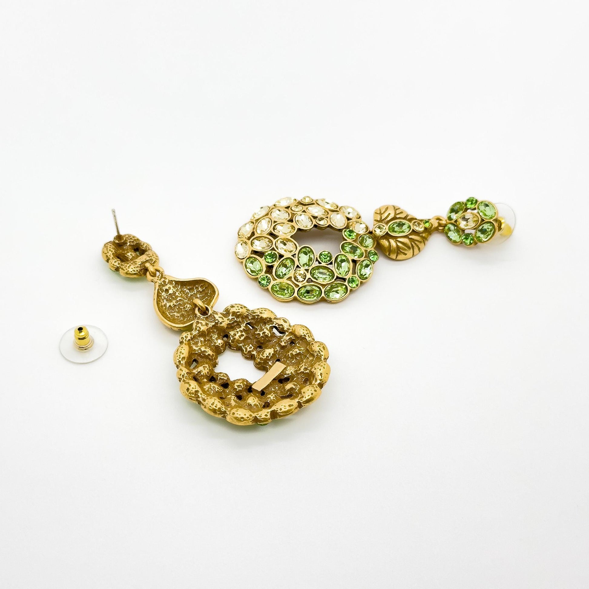 French Vintage Green Leaf Drop Earrings with Rhinestones Silver Hooks