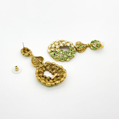 French Vintage Green Leaf Drop Earrings with Rhinestones Silver Hooks