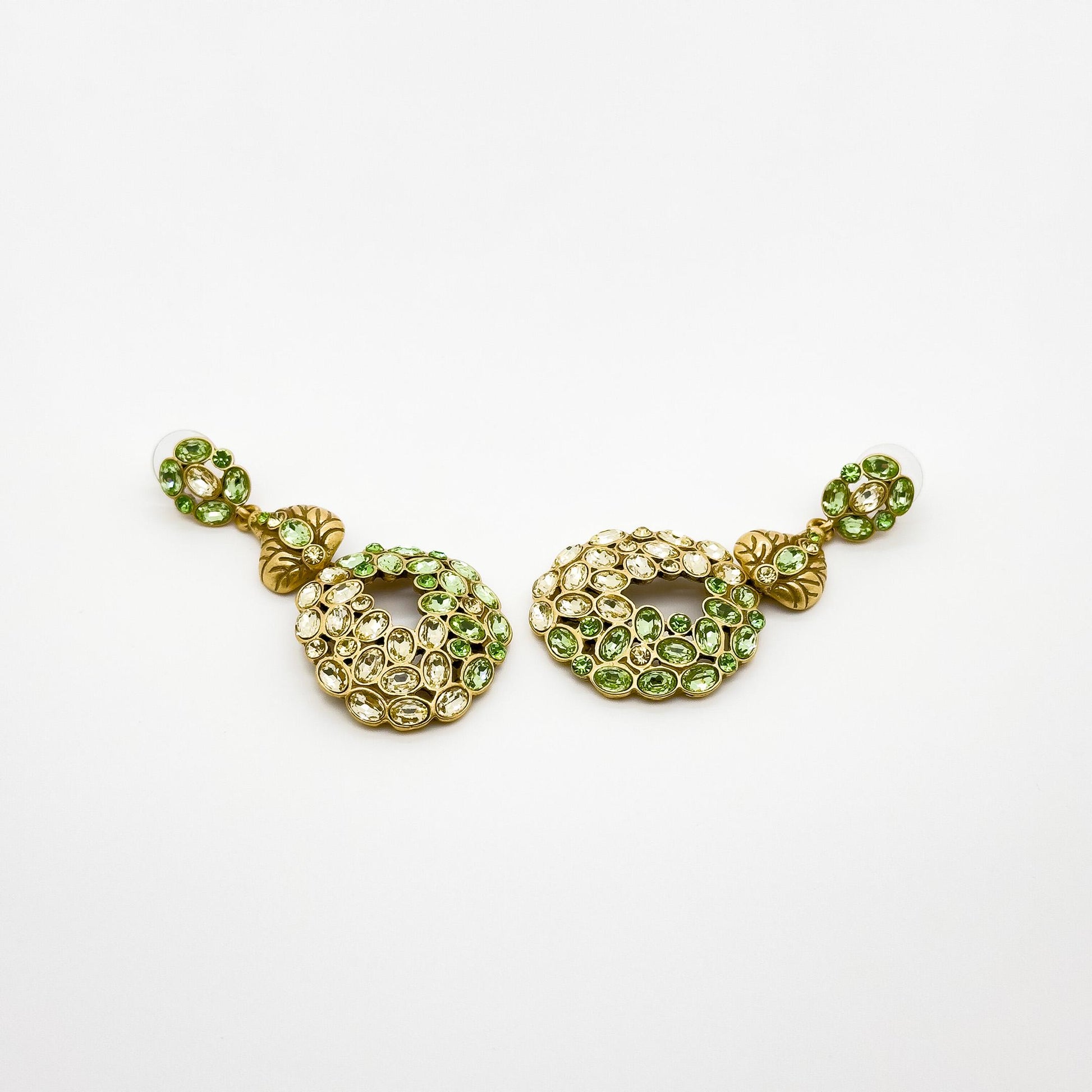 French Vintage Green Leaf Drop Earrings with Rhinestones Silver Hooks