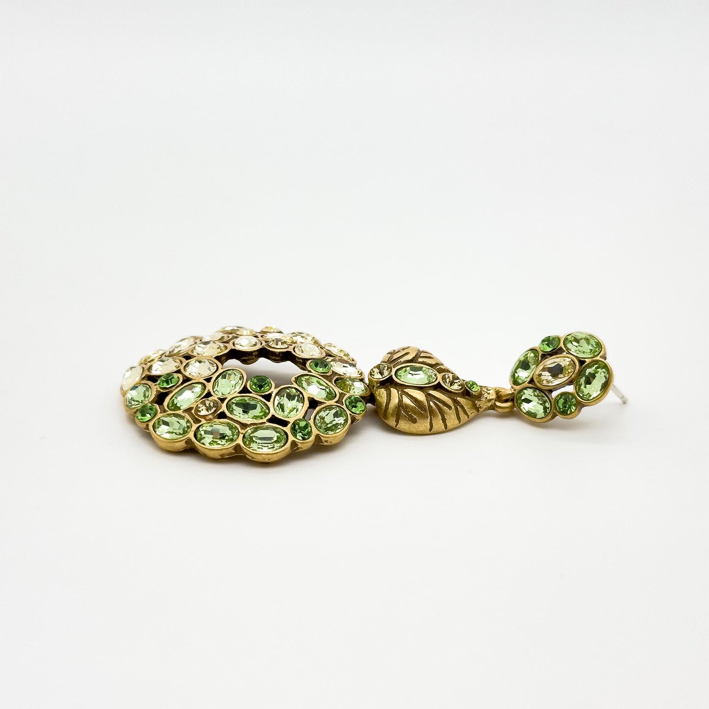 French Vintage Green Leaf Drop Earrings with Rhinestones Silver Hooks