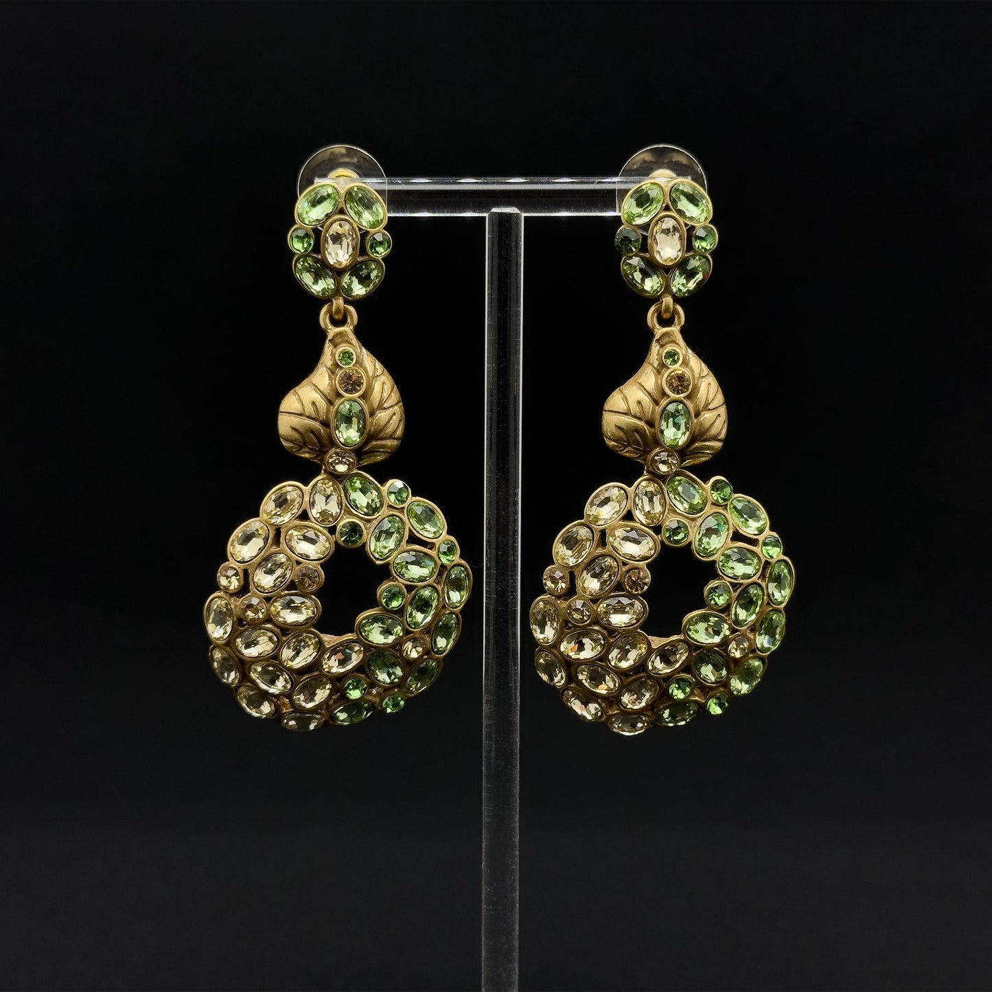 French Vintage Green Leaf Drop Earrings with Rhinestones Silver Hooks