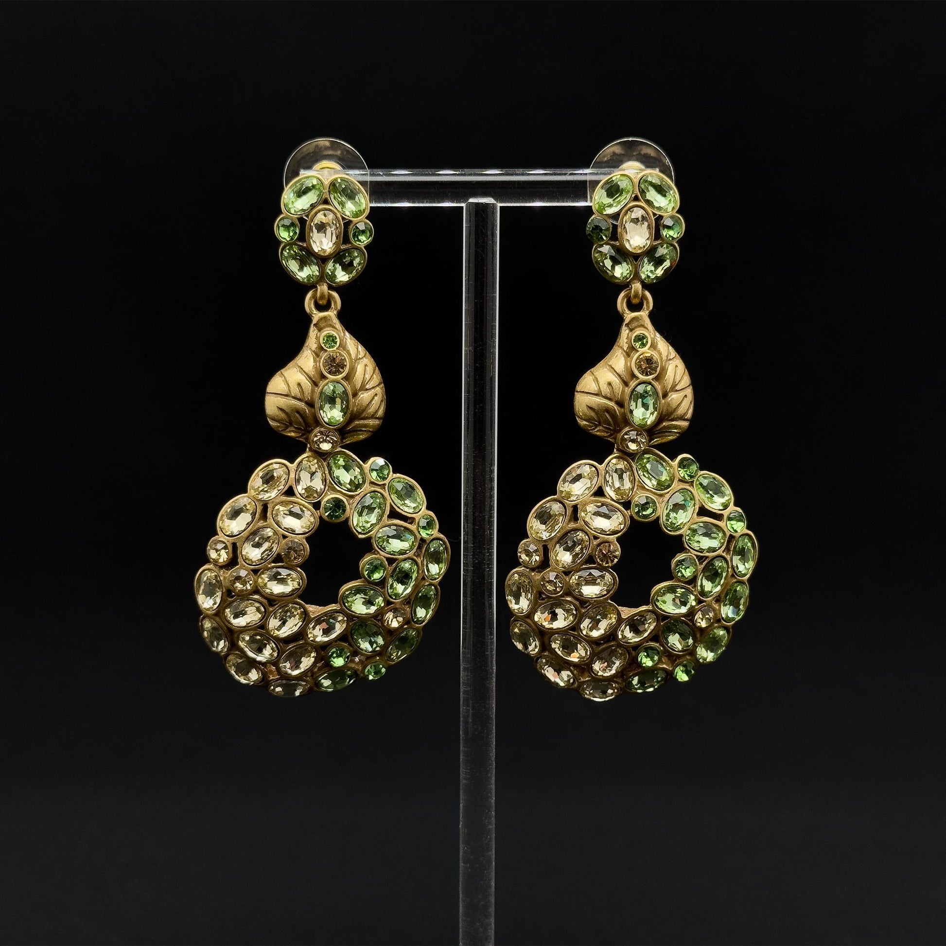 French Vintage Green Leaf Drop Earrings with Rhinestones Silver Hooks