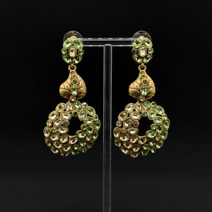 French Vintage Green Leaf Drop Earrings with Rhinestones Silver Hooks