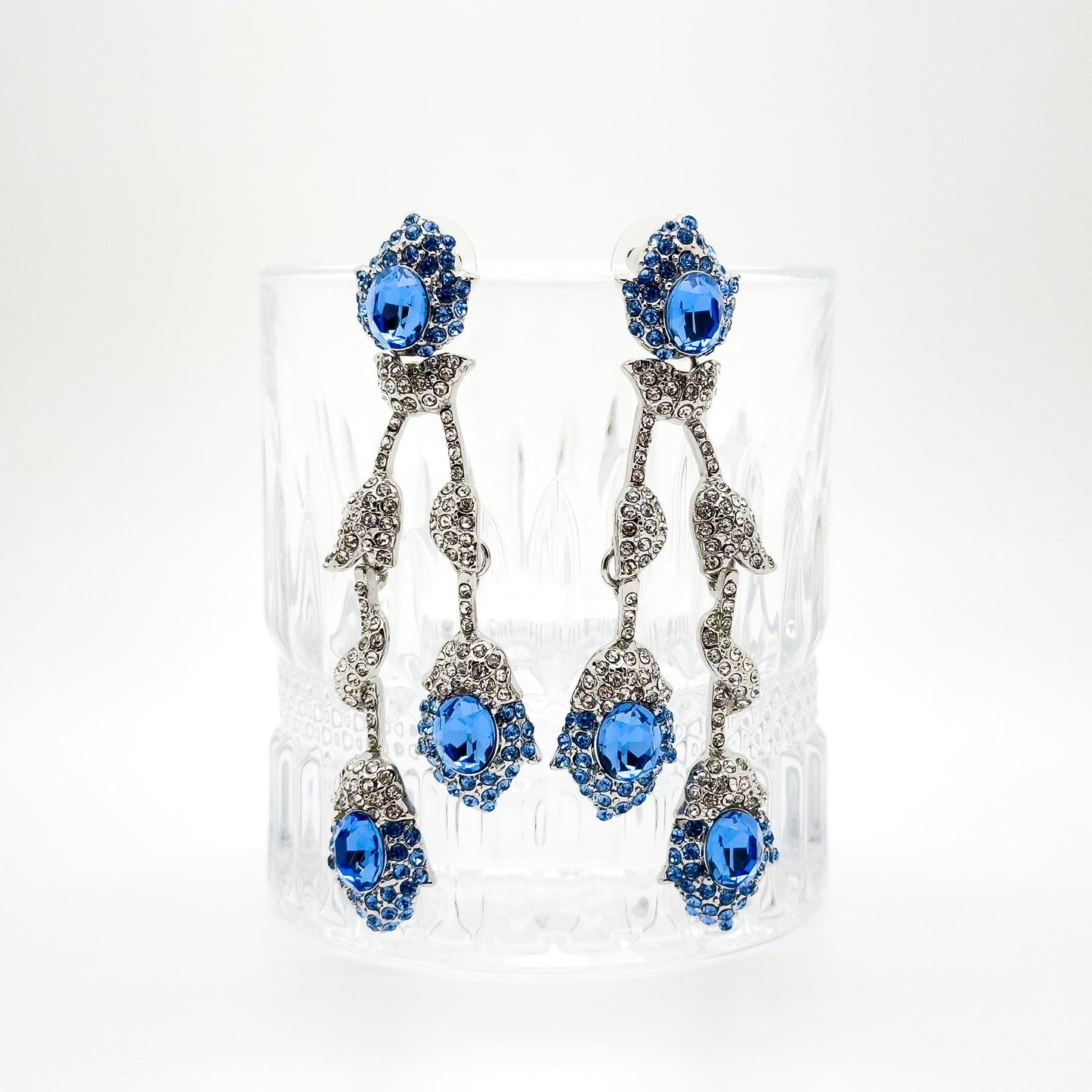 Vintage Teal Blue Flower Drop Earrings, Glass Rhinestone Titanium Hooks