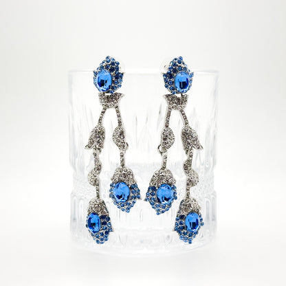Vintage Teal Blue Flower Drop Earrings, Glass Rhinestone Titanium Hooks