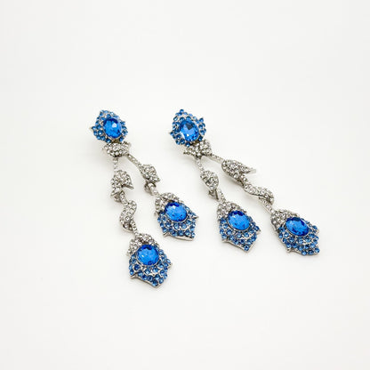 Vintage Teal Blue Flower Drop Earrings, Glass Rhinestone Titanium Hooks