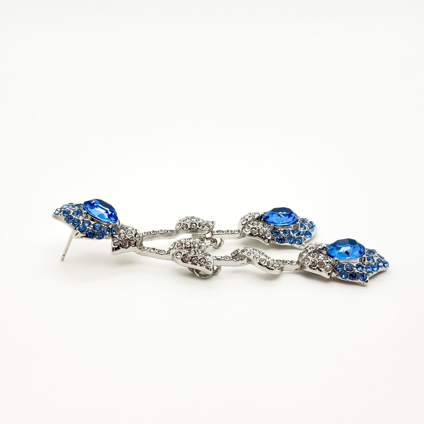 Vintage Teal Blue Flower Drop Earrings, Glass Rhinestone Titanium Hooks