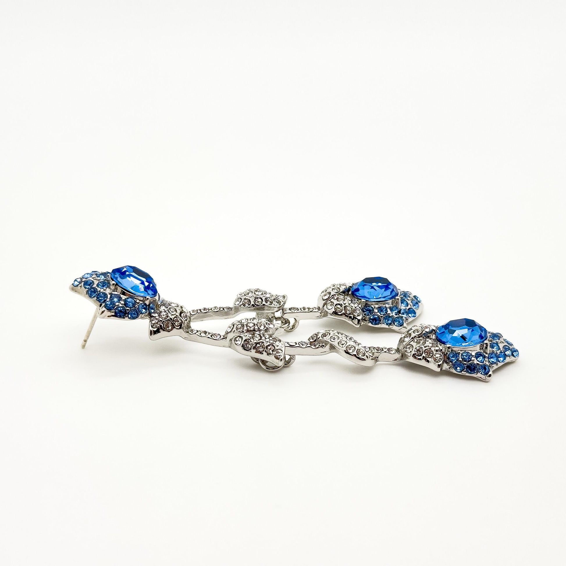 Vintage Teal Blue Flower Drop Earrings, Glass Rhinestone Titanium Hooks